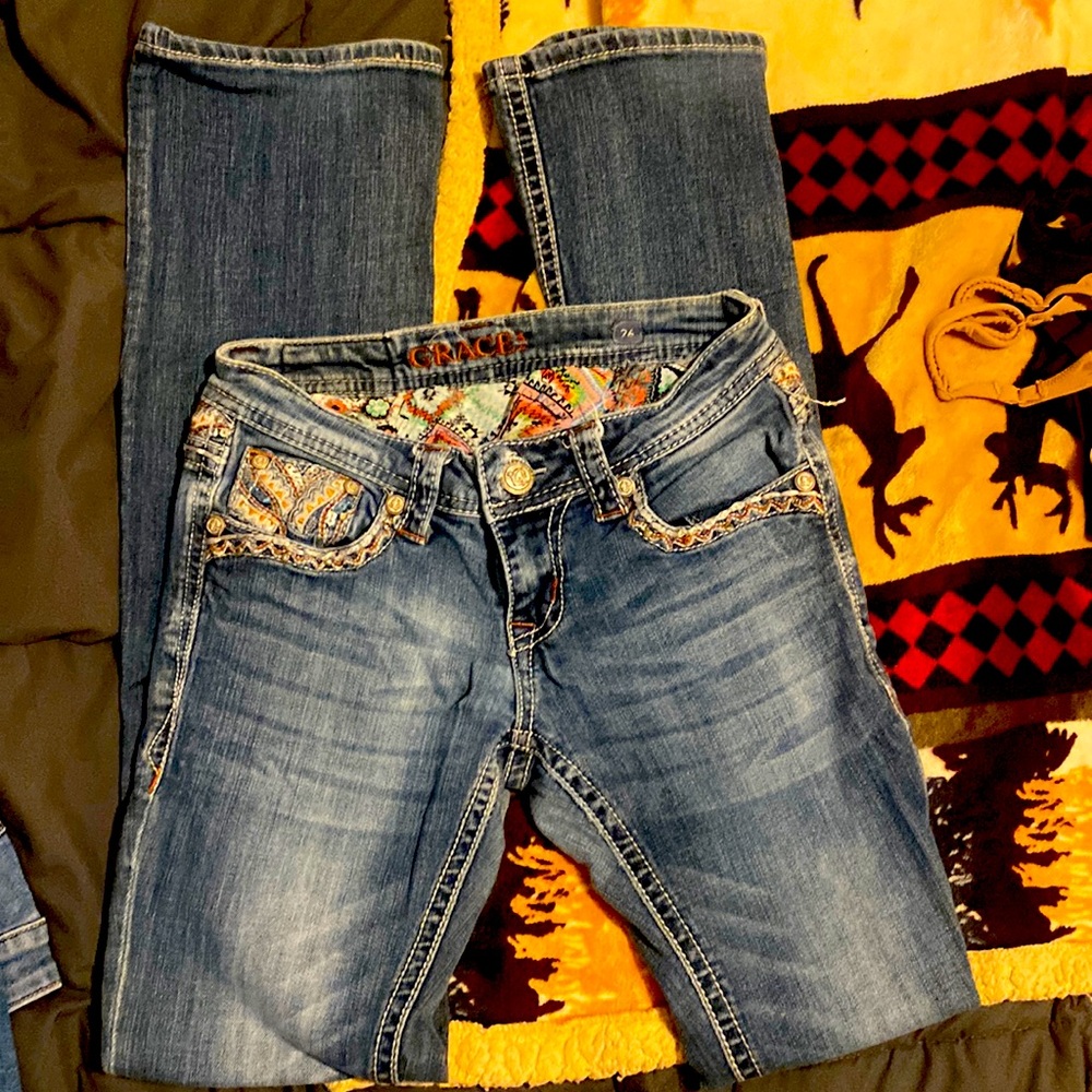 Grace Blue Boot Cut Jeans with Distressed Details